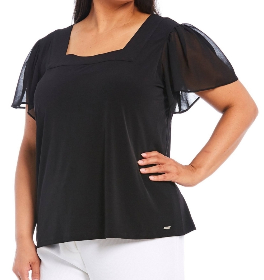 ✅ Calvin Klein Black Square Neck Chiffon Flatter Sleeve Top size S